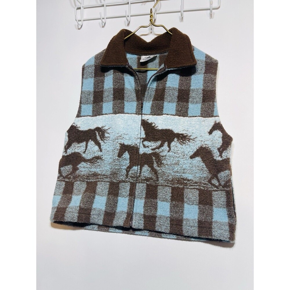 VTG Black Mountain Twilight Horses Fleece Vest M USA Purple Blue Nature Outdoor